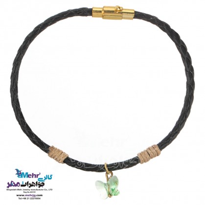 دستبند طلا و چرم - سنگ سواروسکی پروانه-MB0868